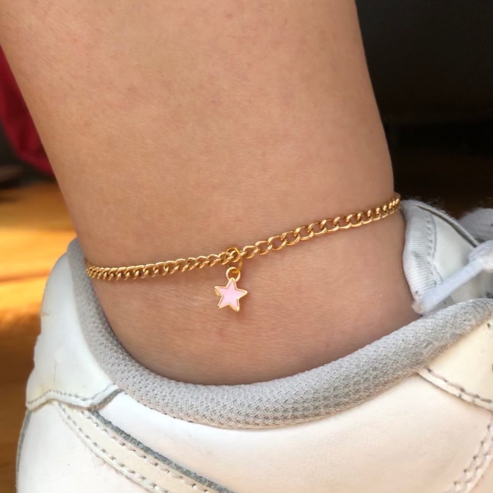 Gold Curb Chain Pink Star Chain Anklet